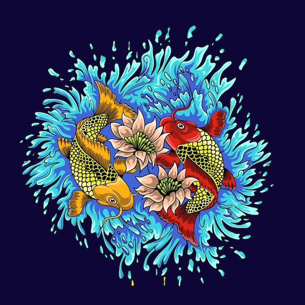 Conception d'illustration de poisson koi avec des fleurs