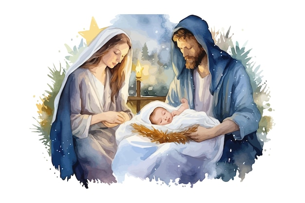 Conception d'illustration vectorielle aquarelle de scène de la Nativité de Noël