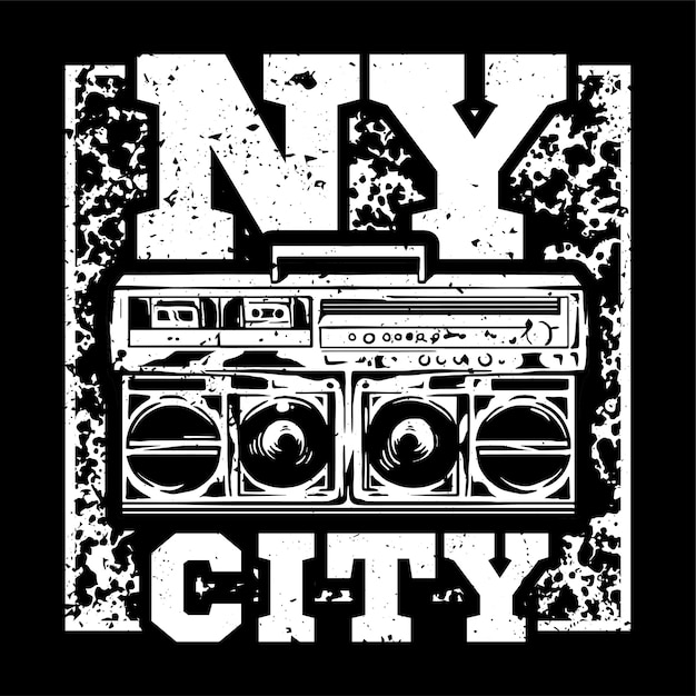 Conception D'impression Monochrome De Style De Rue Avec Grand Boombox Et Avec Le Type Nyc.