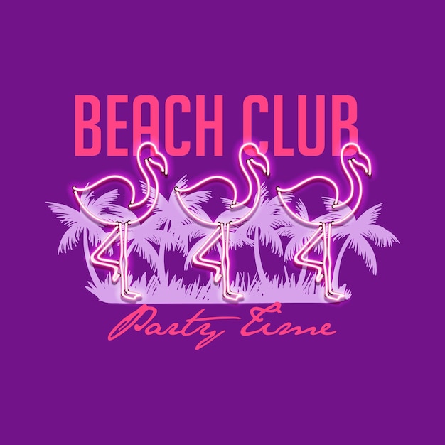 Vecteur conception d'impression de palmiers et de flamants roses au néon, citation de l'heure de la fête du club de plage