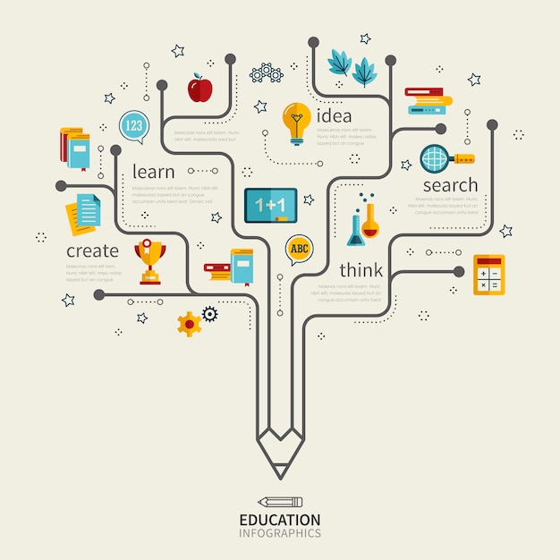 Vecteur conception infographique de l'éducation avec arbre à crayon et icônes