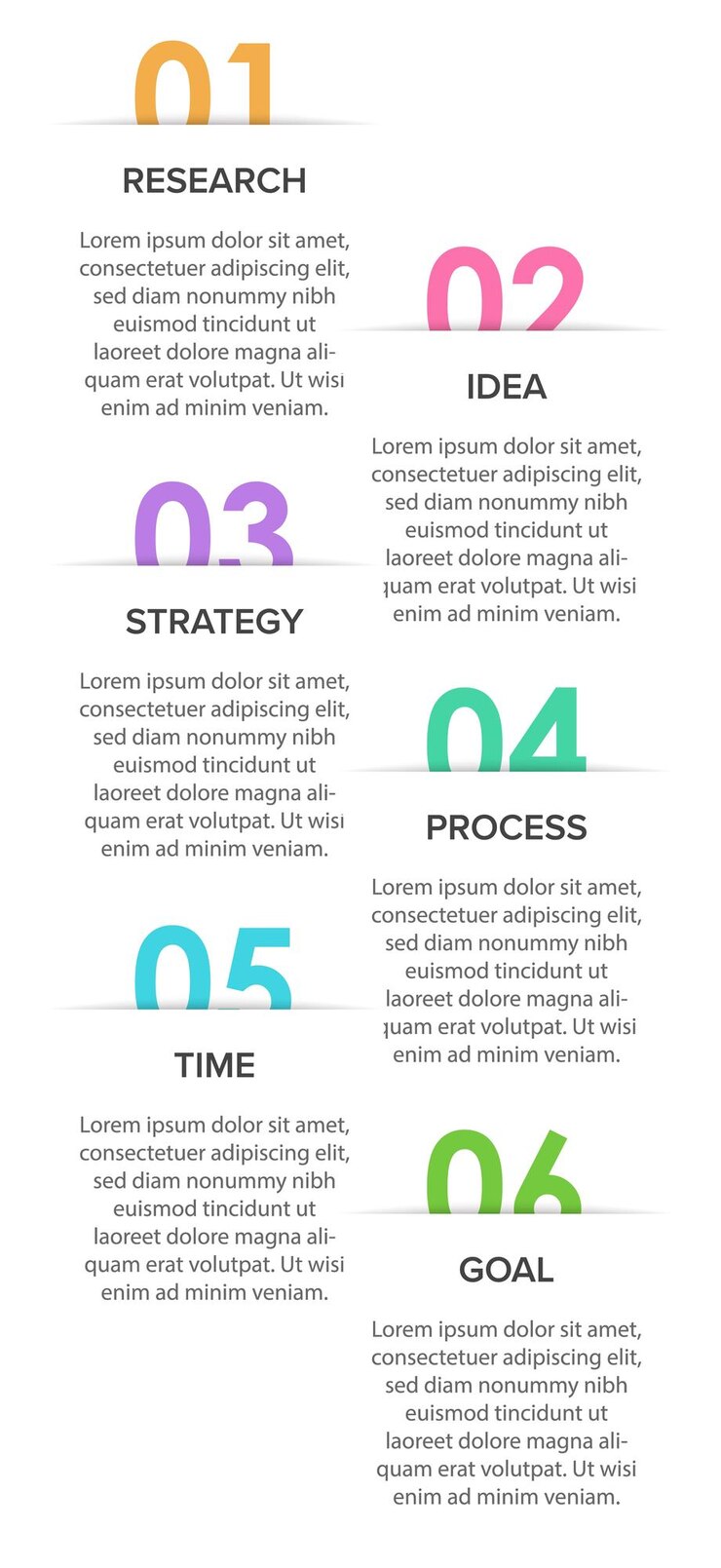 Conception infographique verticale avec icônes et 6 options ou étapes