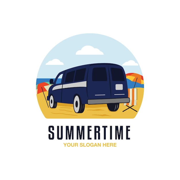 Vecteur conception d'insigne de sufing d'été avec voiture de caravane rv sur la plage graphiques de logo de voyage étiquette rétro de vecteur de stock isolée sur fond blanc