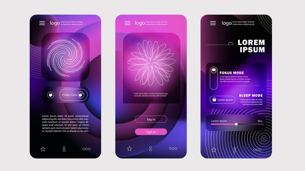 La conception de l'interface utilisateur d'une application mobile est futuriste et une interface de gradient abstrait au néon