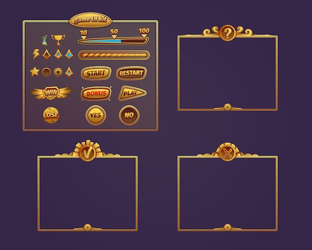 Conception d'interface utilisateur avec des cadres dorés Set de boutons icônes case de contrôle barre de progression score pré-chargement Set pour questionnaire de quiz en ligne Modèle de cadre doré Illustration vectorielle de dessin animé