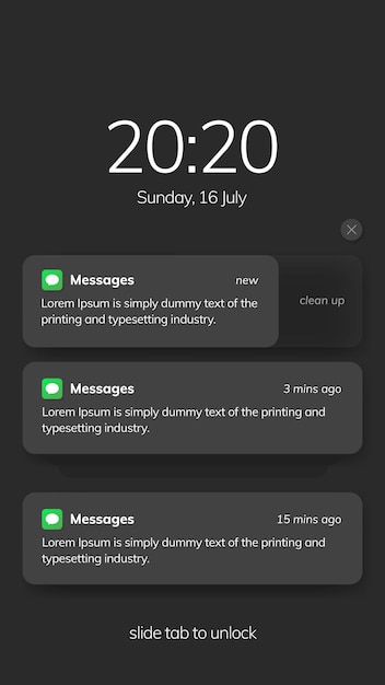 Conception de l'interface utilisateur de l'écran de notification Modèle de fenêtres de notification téléphonique sur fond sombre