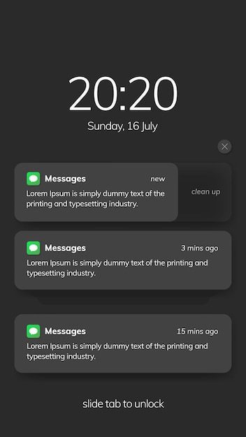 Conception De L'interface Utilisateur De L'écran De Notification Modèle De Fenêtres De Notification Téléphonique Sur Fond Sombre