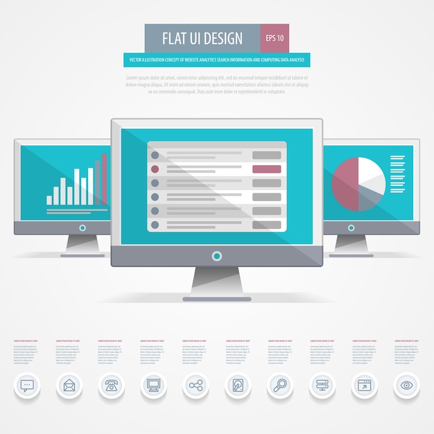 Conception D'interface Utilisateur Plate. Concept D'informations De Recherche D'analyse De Site Web Et D'analyse De Données Informatiques.