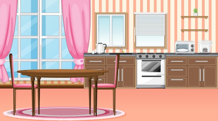 Vecteur conception d'intérieur de cuisine et de salle à manger avec des meubles