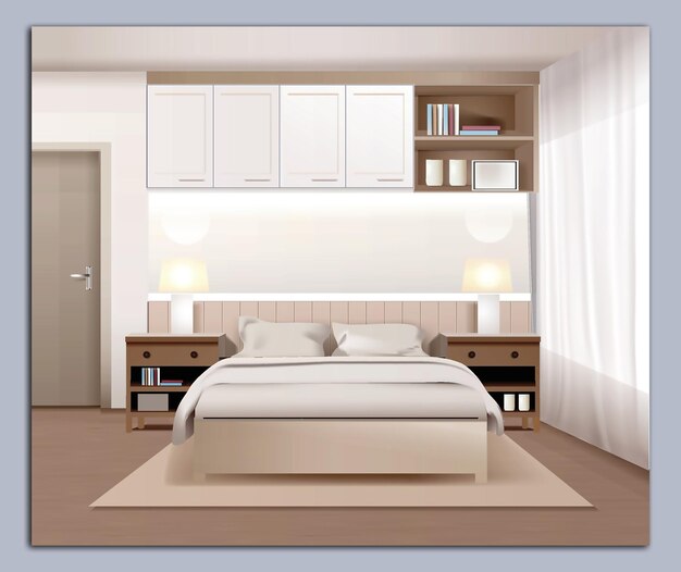 Vecteur conception intérieure de la chambre à coucher avec des meubles un lit avec des oreillers