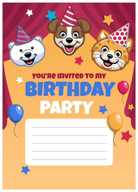 Vecteur conception d'invitation d'anniversaire avec des têtes d'animaux mignons