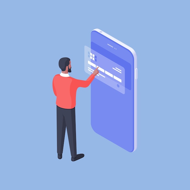 Conception Isométrique De L'homme à L'aide De Smartphone Et Donnant Accès Aux Informations D'identification De La Carte Bancaire Tout En Utilisant Une Application Bancaire Moderne Sur Fond Bleu