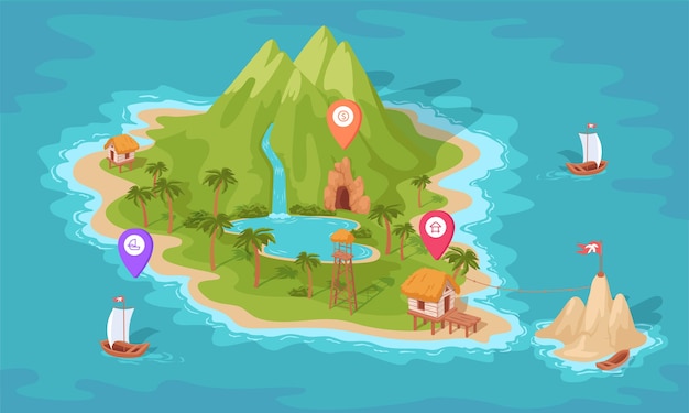 Conception isométrique de l'île tropicale colorée avec des panneaux de localisation Illustration de la carte au trésor