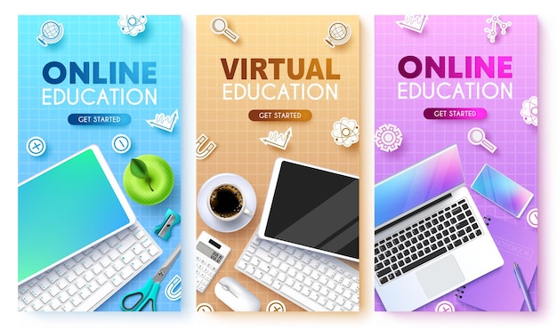 Vecteur conception de jeu d'affiches vectorielles d'éducation virtuelle texte d'éducation en ligne avec ordinateur portable et clé de téléphone tablette