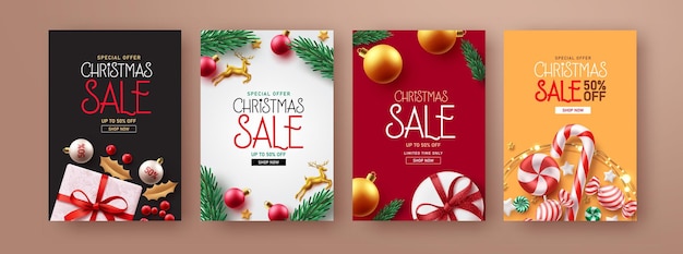 Conception De Jeu D'affiches Vectorielles De Vente De Noël. Texte D'offre De Promotion De Joyeux Noël Avec Des éléments De Noël