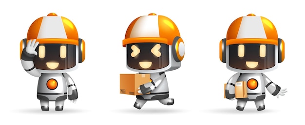 Vecteur conception de jeu de vecteurs de personnages robotiques personnages de robots avec casque et boîtes en position debout et tenue