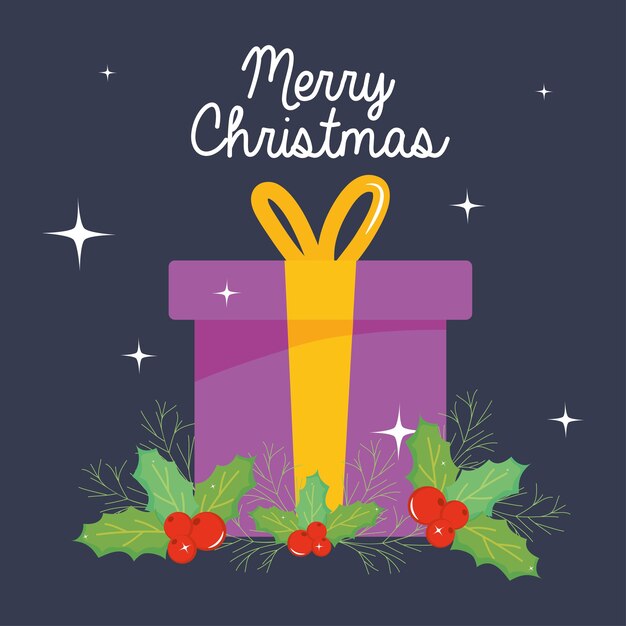 Conception de joyeux Noël avec boîte-cadeau et gui sur fond sombre, design coloré