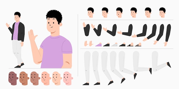Conception de kit de création de personnage de jeune homme pour l'animation Conception de vecteur plat masculin de dessin animé occasionnel de ville