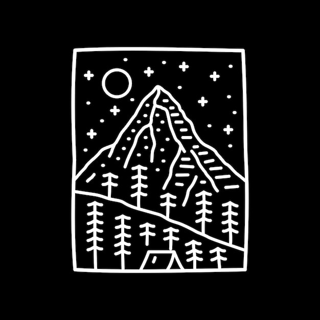 Conception De Ligne Mono De Montagne Nature Et Vecteur De Ciel étoilé Pour La Conception De T-shirt D'art Graphique De Broche De Patch