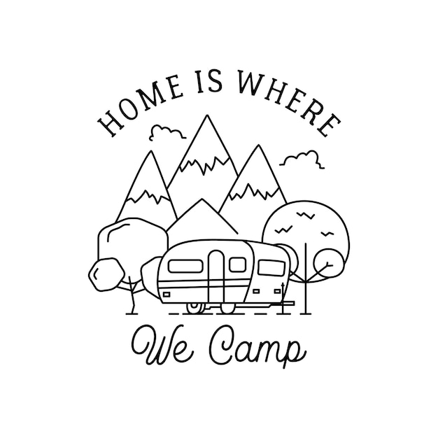 conception de logo d'art de ligne de camping. étiquette de crête extérieure avec montagnes, remorque de camping-car. isolé.
