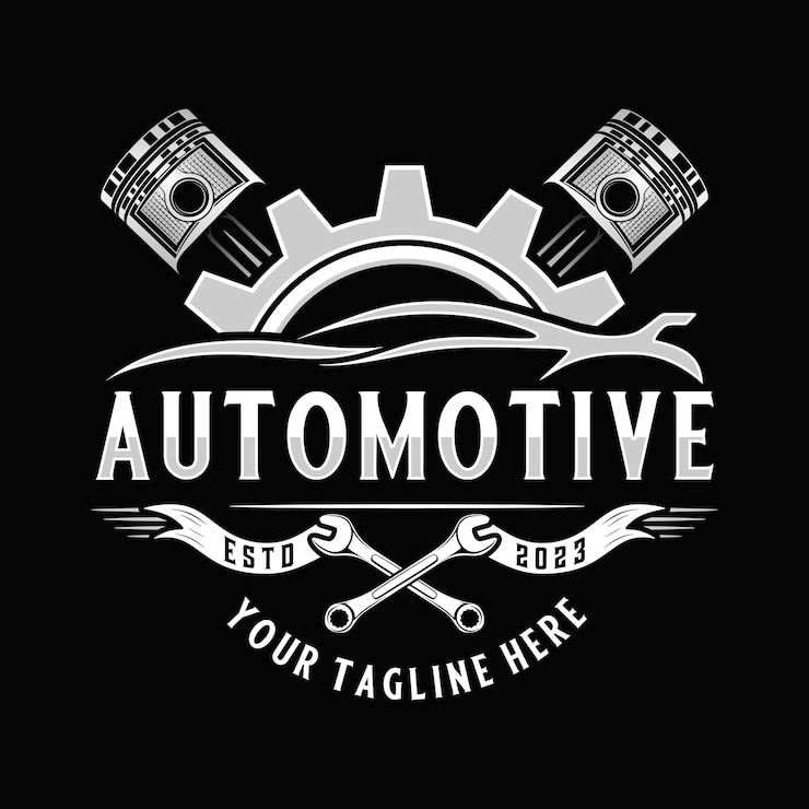 Vecteur conception de logo d'atelier vectoriel pistons et engrenages de moteur pour atelier de réparation d'automobiles ou de motos