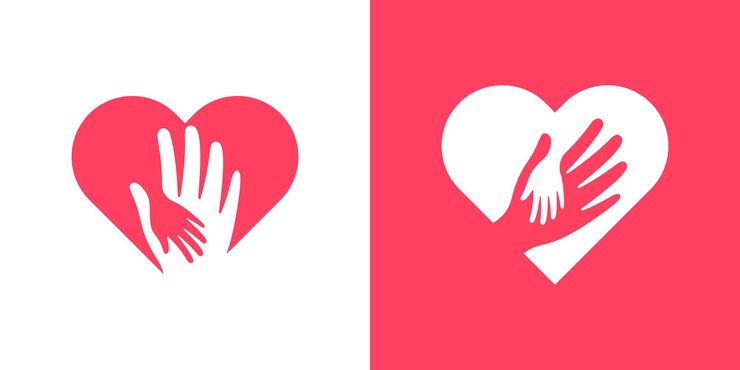 Vecteur conception de logo combinant la forme d'une main avec la conception de logo d'amour pour l'amour de la mère et de l'enfant.