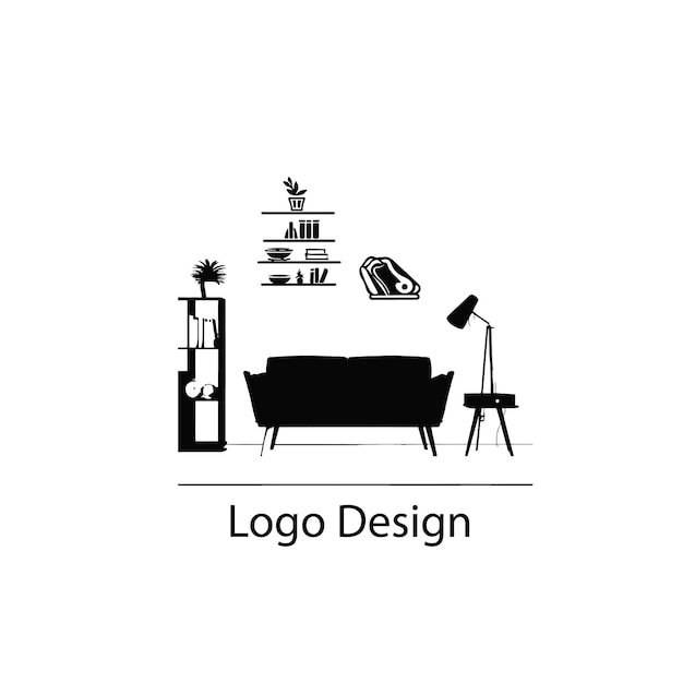 Conception de logo de galerie de meubles de salle intérieure icône plate simple noire sur fond blanc
