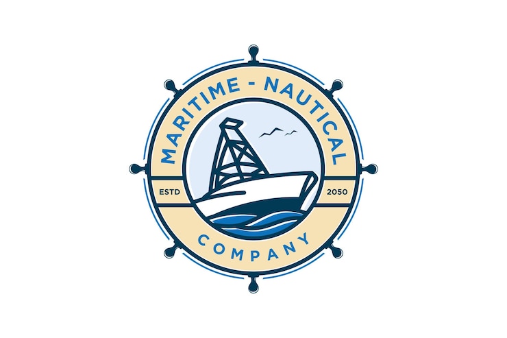 Vecteur conception de logo nautique de bateau maritime transport de symbole d'icône de volant de forme arrondie
