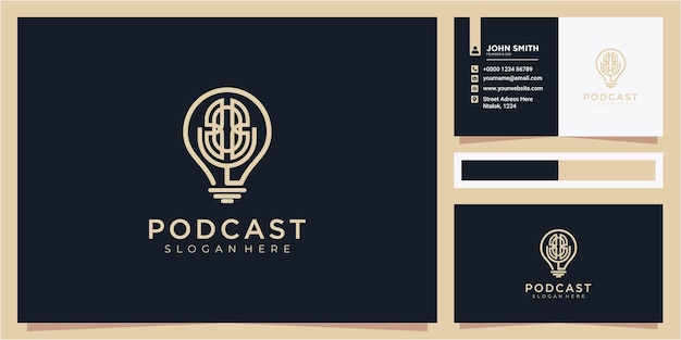 Vecteur conception de logo de podcast élégant créatif combiner lampe et ligne vecteur de conception de logo de microphone de podcast