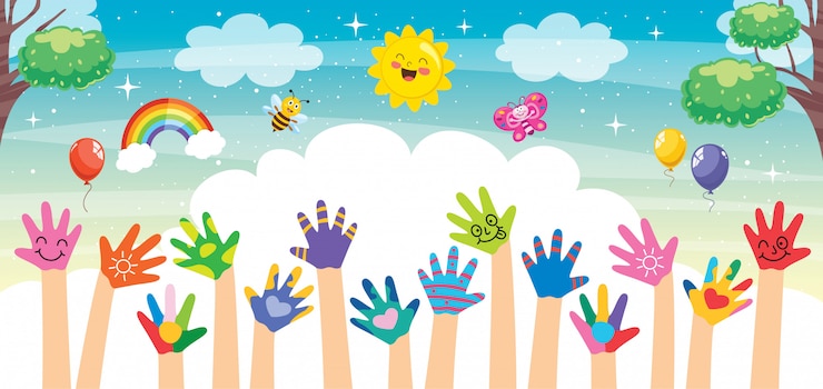 Vecteur conception avec des mains peintes de petits enfants