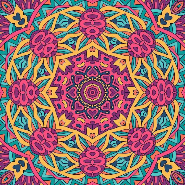 Vecteur conception de mandala de modèle sans couture d'art de festival. imprimé coloré géométrique ethnique. texture de fond psychédélique mexicaine.