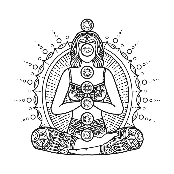 Conception de mandala de yoga, coloriage adulte ou conception de t-shirt