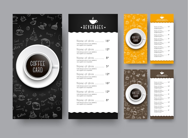 Vecteur conception d'un menu étroit pour un café ou un restaurant. un modèle de dépliant, avec des dessins à la main et une tasse de café noir, est une vue de dessus.