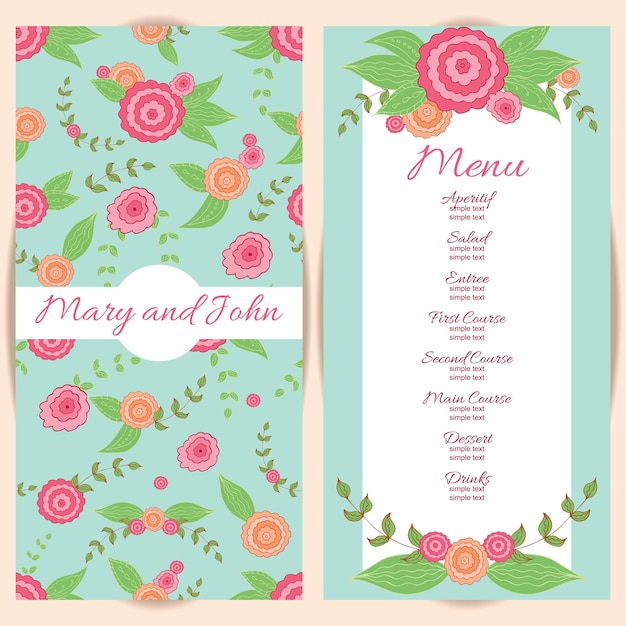 Conception De Menu De Mariage Avec Des Fleurs Dessinées à La Main