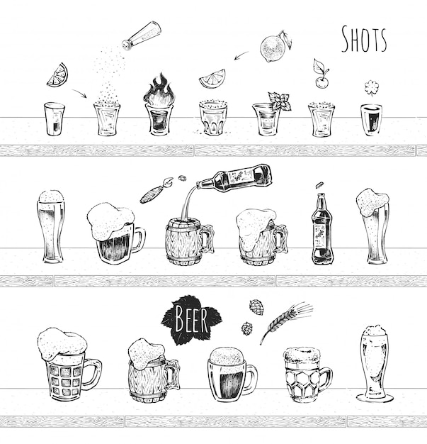 Vecteur conception de menus de bar. boissons alcoolisées, coups de vodka et tequila, chope de bière et icônes vectorielles de bouteille. croquis dessiné main vintage de boissons. style de griffonnage