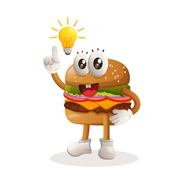 La conception mignonne de mascotte de burger a une inspiration d'idée d'ampoule d'idée