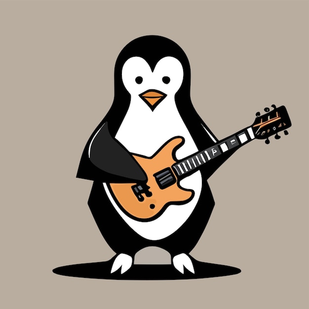 Conception mignonne de mascotte pour un pingouin tenant un dessin animé plat de guitare