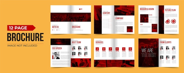 Vecteur conception de mise en page de modèle de brochure de profil d'entreprise de forme minimaliste de couleur rouge de 12 pages