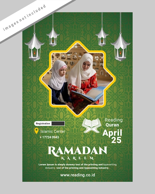 Vecteur conception de modèle d'affiche pour la publicité sur le thème du ramadan lisant le coran ensemble