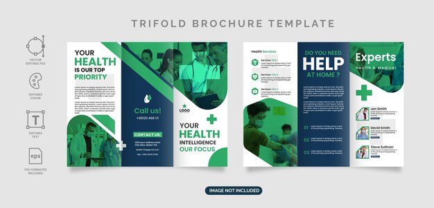 Vecteur conception de modèle de brochure à trois volets sur les soins médicaux et l'hôpital