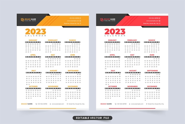 Conception De Modèle De Calendrier 2023 Avec Des Couleurs Jaunes Et Rouges Conception Minimaliste De Calendrier D'affaires Annuel Avec Des Formes Numériques Modèle De Calendrier D'organisateur De Bureau Modifiable Pour L'année 2023