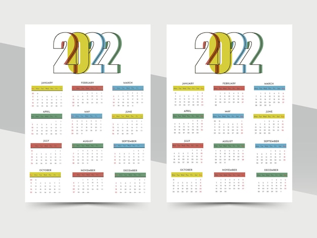 Vecteur conception de modèle de calendrier mural annuel 2022 en deux options.