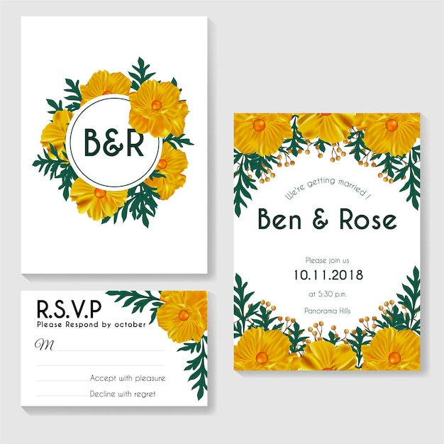 Conception De Modèle De Carte D'invitation, Laisse Vert Avec Des Fleurs Jaune Sur Fond Blanc