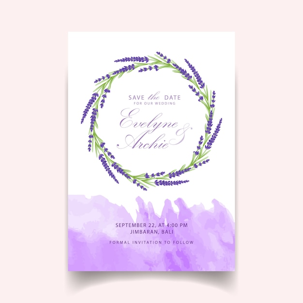 Vecteur conception de modèle de carte invitation mariage floral avec des fleurs de lavande.