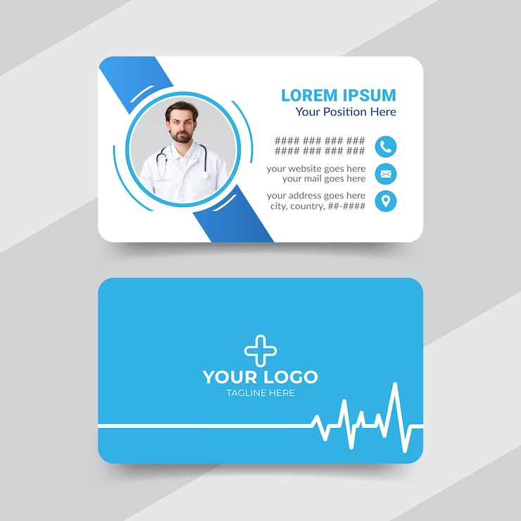 Vecteur conception de modèle de carte de visite de médecin de soins de santé modernes en vue avant et arrière