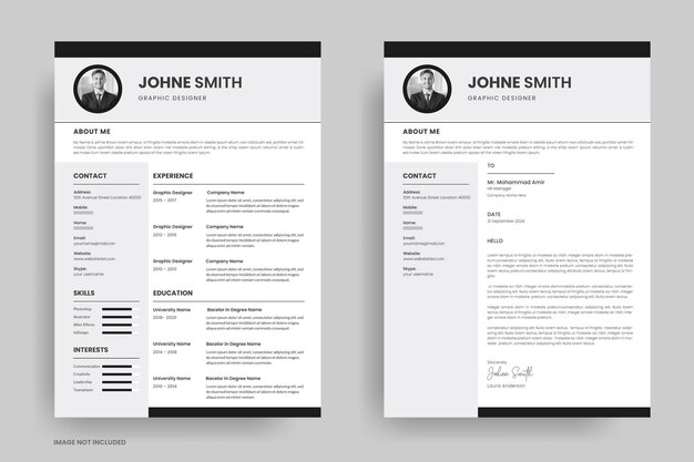 Conception de modèle de CV moderne ou conception minimaliste de papier à en-tête et de lettre de motivation cv