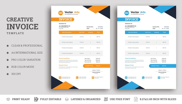 Vecteur conception de modèle de facture moderne avec des couleurs bleues et orange