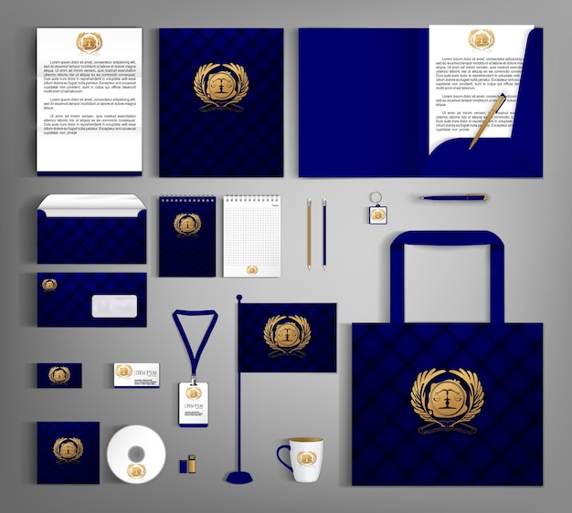 Conception De Modèle D'identité D'entreprise à La Mode Bleue Avec Le Symbole De Notaire D'or