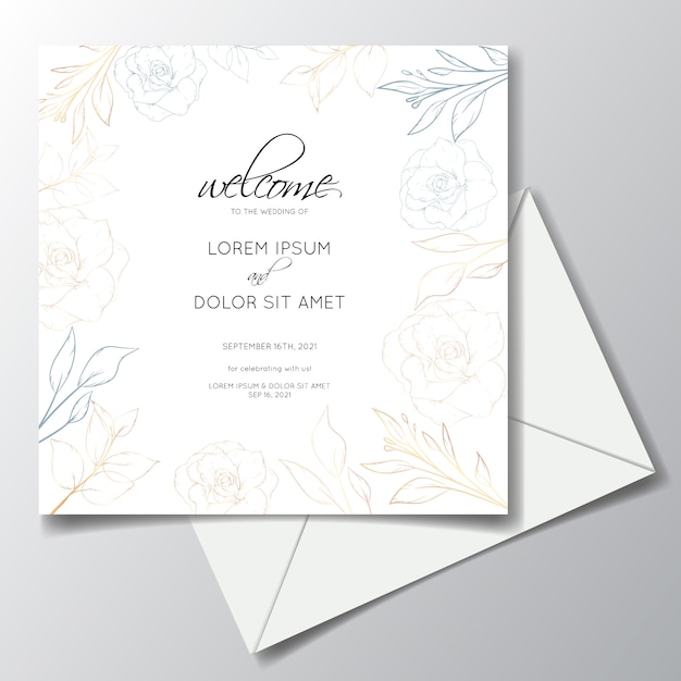 conception de modèle d'invitation de mariage avec art de ligne de luxe floral et feuilles