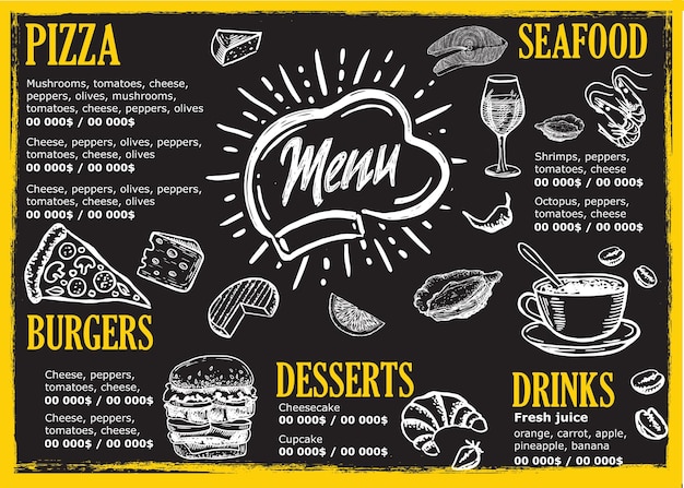 Conception De Modèle De Menu De Restaurant Dépliant Alimentaire Style Dessiné à La Main Illustration Vectorielle